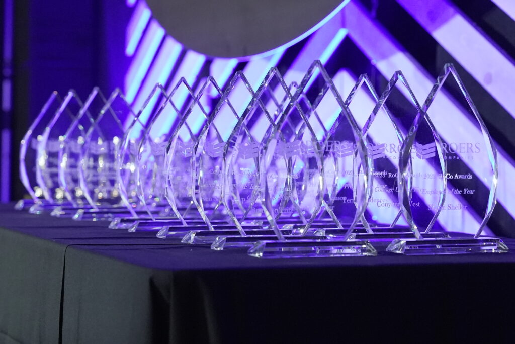 Awards displayed on table
