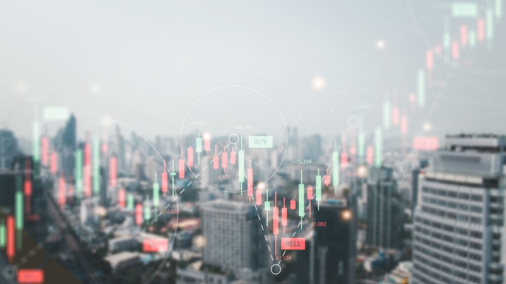 Stock market metrics overlayed on top of a cityscape.